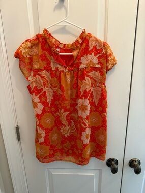 Joie Orange and Gold Printed Ruffle Neck Blouse